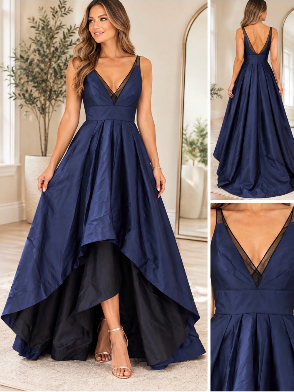 Aidan Mattox Navy Blue High Low Formal Gown Size 10 Mesh V Neck Evening Dress